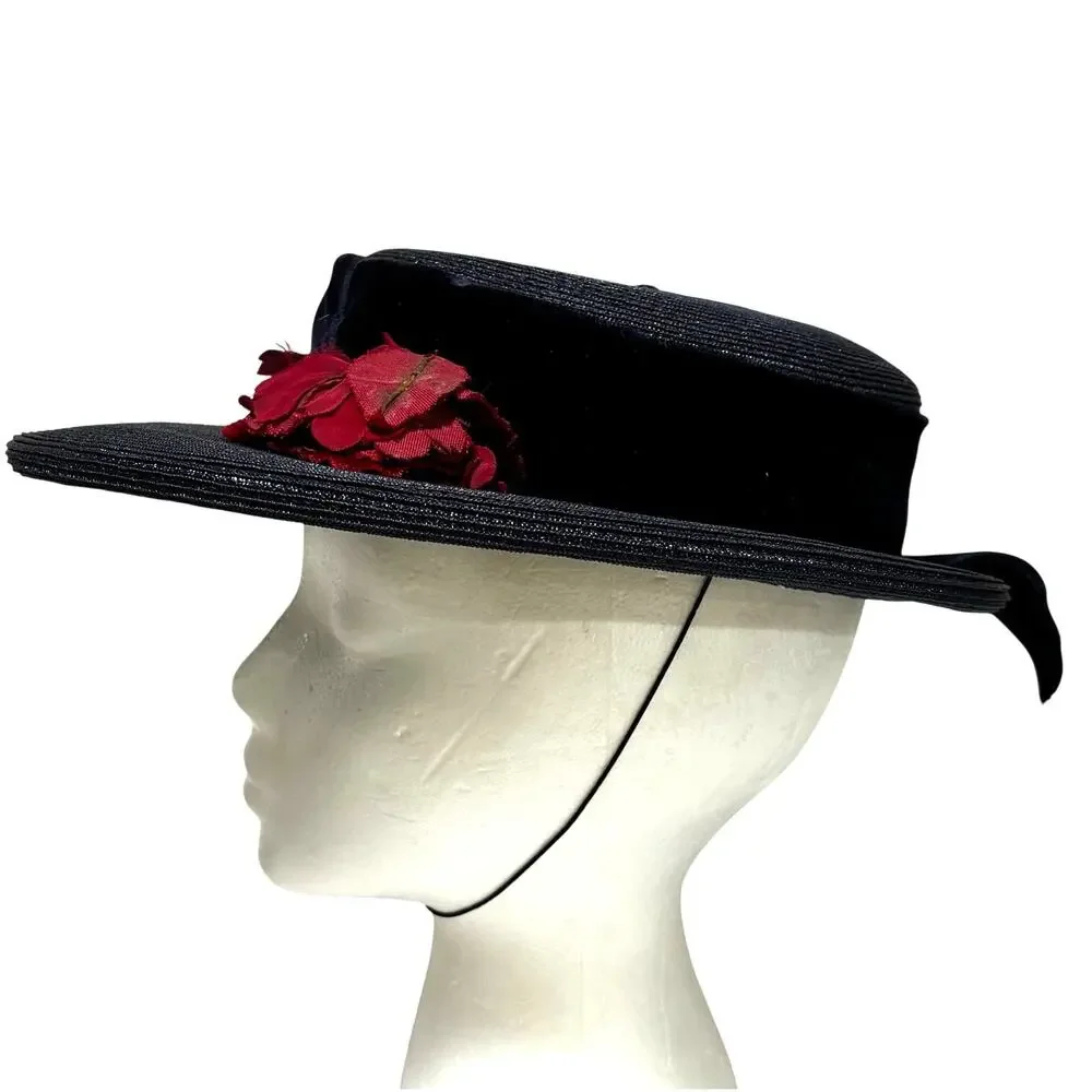 Vintage boater style ladies hat navy blue & faded red flower on velvet hatband - Picture 2 of 9